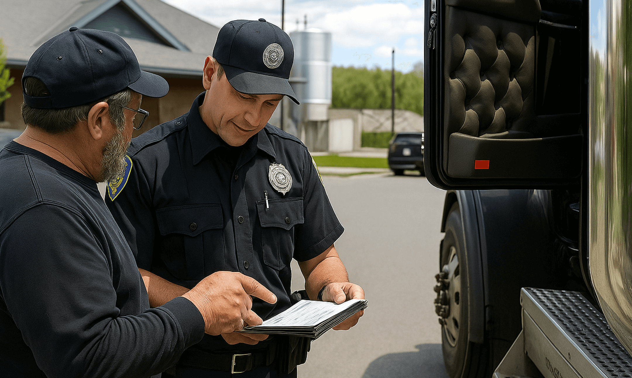 CVSA Officers reviewing compliance paperwork with ELP test interface